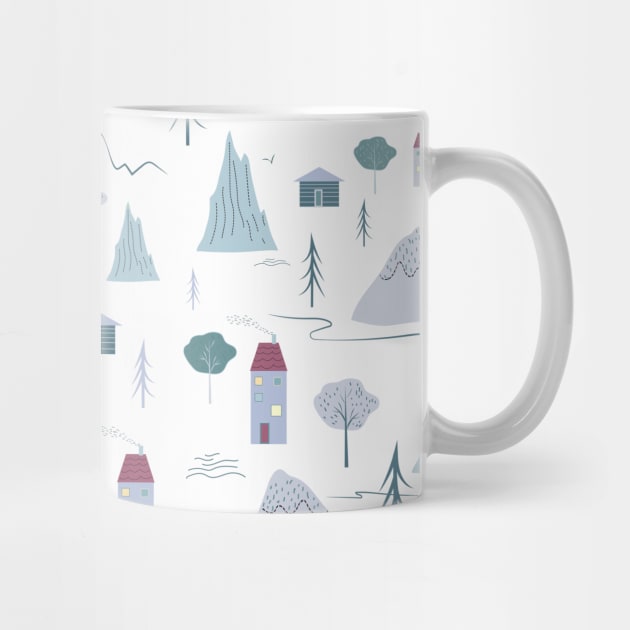 Modern Grey Plum Houses Trees Mountains Pattern by in_pictures